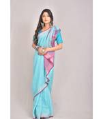 Blue Linen saree with blouse with zari border