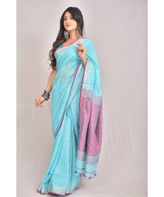 Blue Linen saree with blouse with zari border 2