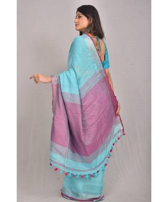Blue Linen saree with blouse with zari border 3