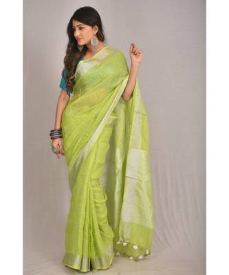 Light Green Linen saree with blouse with Zari Border 1