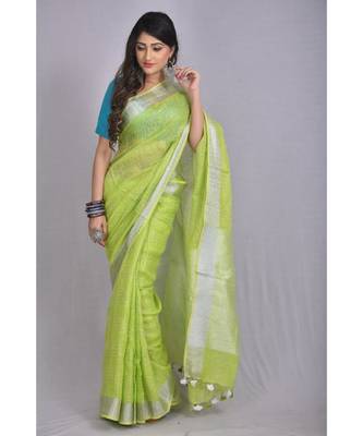 Light Green Linen saree with blouse with Zari Border 2