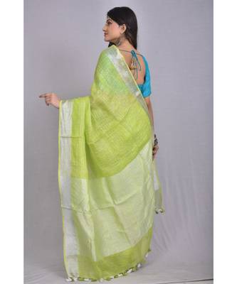 Light Green Linen saree with blouse with Zari Border 3
