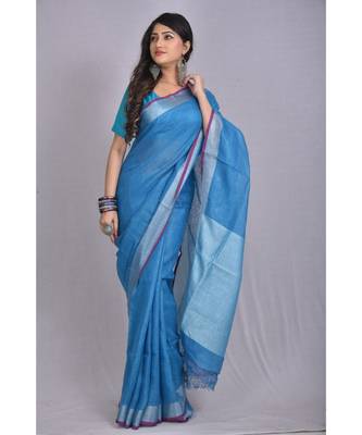 Blue Linen saree with blouse with zari border 1
