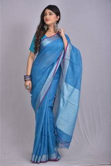 Blue Linen saree with blouse with zari border
