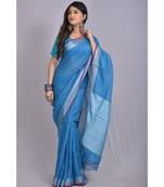 Blue Linen saree with blouse with zari border