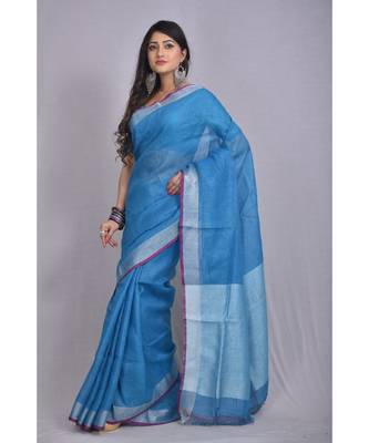 Blue Linen saree with blouse with zari border 2