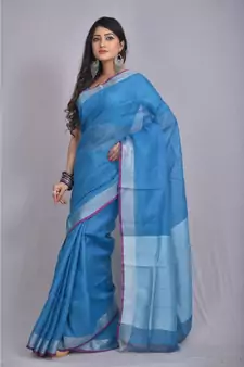 Blue Linen saree with blouse with zari border