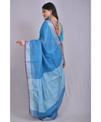 Blue Linen saree with blouse with zari border 3