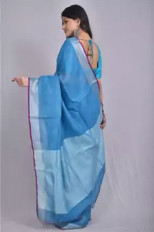 Blue Linen saree with blouse with zari border