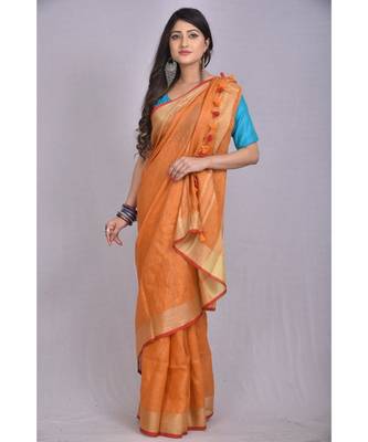 Mustard Orange Linen saree with blouse with zari border 1