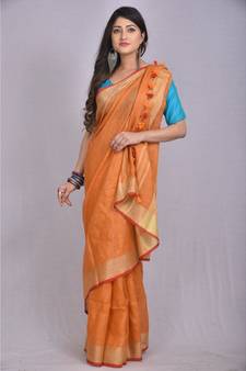 Mustard Orange Linen saree with blouse with zari border