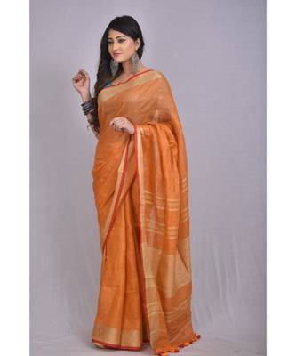 Mustard Orange Linen saree with blouse with zari border 2