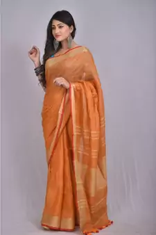 Mustard Orange Linen saree with blouse with zari border