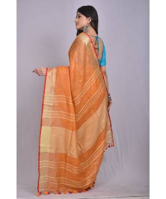 Mustard Orange Linen saree with blouse with zari border 3