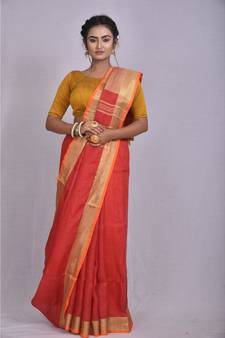 Red Linen saree with blouse with zari border