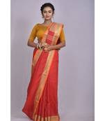 Red Linen saree with blouse with zari border