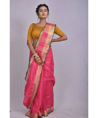 Pink Linen saree with blouse with zari border 1