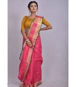 Pink Linen saree with blouse with zari border