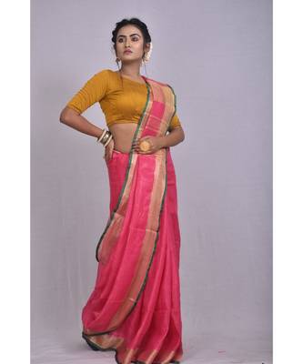 Pink Linen saree with blouse with zari border 2