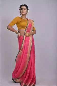 Pink Linen saree with blouse with zari border