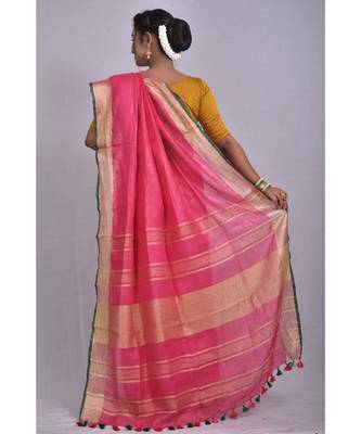 Pink Linen saree with blouse with zari border 3