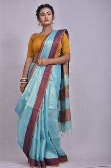 Blue Tissue Linen saree with blouse with contrast border