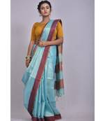 Blue Tissue Linen saree with blouse with contrast border