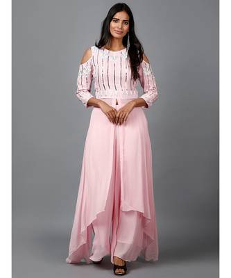 Light Pink Embroidered Kurta in Cold shoulder and Pallazo 1