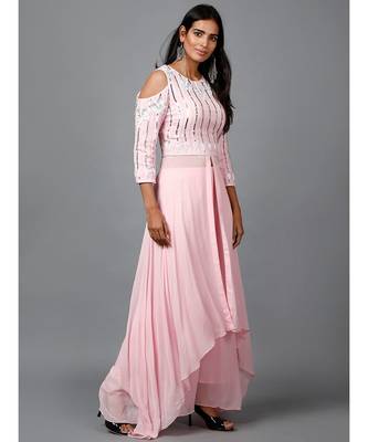 Light Pink Embroidered Kurta in Cold shoulder and Pallazo 2