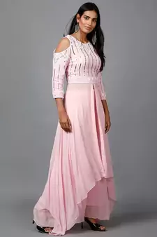 Light Pink Embroidered Kurta in Cold shoulder and Pallazo