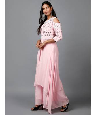 Light Pink Embroidered Kurta in Cold shoulder and Pallazo 3