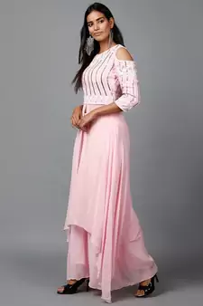 Light Pink Embroidered Kurta in Cold shoulder and Pallazo