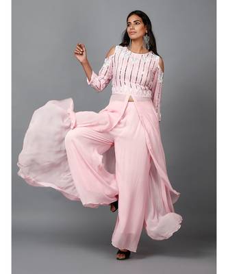 Light Pink Embroidered Kurta in Cold shoulder and Pallazo 4