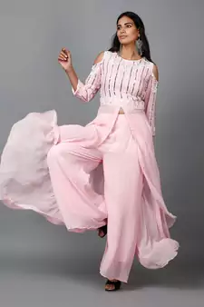 Light Pink Embroidered Kurta in Cold shoulder and Pallazo