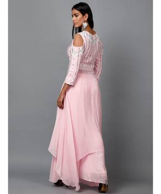 Light Pink Embroidered Kurta in Cold shoulder and Pallazo 5