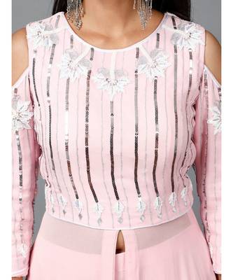 Light Pink Embroidered Kurta in Cold shoulder and Pallazo 6