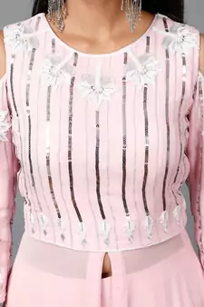Light Pink Embroidered Kurta in Cold shoulder and Pallazo