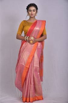multicolor shade Linen saree with blouse with contrast border