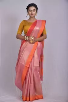 multicolor shade Linen saree with blouse with contrast border