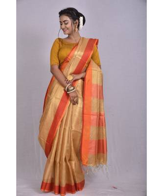 Beige shade Tissue Linen saree with blouse with contrast border 1