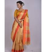 Beige shade Tissue Linen saree with blouse with contrast border