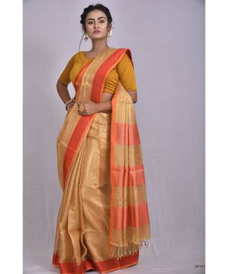 Beige shade Tissue Linen saree with blouse with contrast border 2