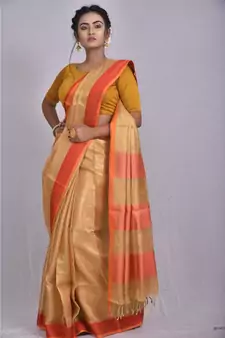 Beige shade Tissue Linen saree with blouse with contrast border