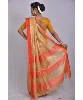 Beige shade Tissue Linen saree with blouse with contrast border 3