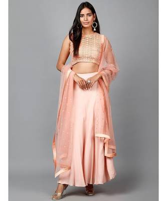 Peach Cotton Lace Crop top, Moss crepe Flare Skirt and Embroidered Net Dupatta 1