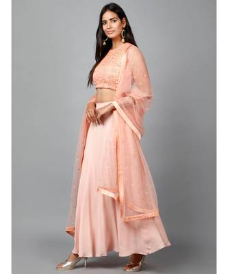 Peach Cotton Lace Crop top, Moss crepe Flare Skirt and Embroidered Net Dupatta 2