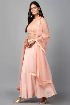 Peach Cotton Lace Crop top, Moss crepe Flare Skirt and Embroidered Net Dupatta