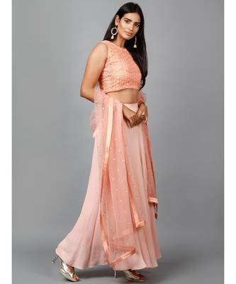 Peach Cotton Lace Crop top, Moss crepe Flare Skirt and Embroidered Net Dupatta 3