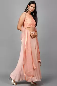 Peach Cotton Lace Crop top, Moss crepe Flare Skirt and Embroidered Net Dupatta
