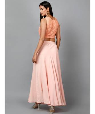 Peach Cotton Lace Crop top, Moss crepe Flare Skirt and Embroidered Net Dupatta 4